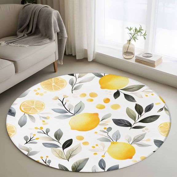 Summer Watercolor Round Rugs for Living Room 3ft Lemon Slice Eucalyptus Leaf Fruit Non Slip Circle Rug Washable Low-Profile Indoor Carpet for Bedroom, Dining Room, Bathroom