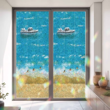 Summer Watercolor Sea Cruises Window Privacy Film, Rainbow Film Decorative Window Sticker 35.4x78.7in, Beaches Blue Oceans Sun Blocking Static Stained Glass Cling Tint Non-Adhesive