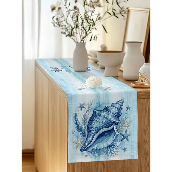 Summer Watercolor Sea Nuts Table Runner 13x72in Non-Slip Cotton Linen Table Runners, Ocean Stars on Blue Spray Dresser Scarves TableRunner for Dinner Kitchen Dining Wedding Party