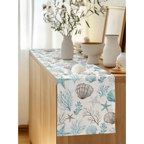 Summer Watercolor Shell Coral Table Runner 13x72in Non-Slip Cotton Linen Table Runners, Ocean Life Starfish on Beige Dresser Scarves TableRunner for Dinner Kitchen Dining Wedding Party