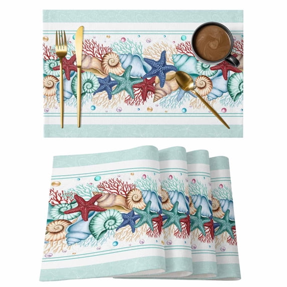 Summer Watercolor Starfish Coral Placemats Set of 6,Wipeable Washable Table Mats for Dining Tables, Navy Blue Line Place Mats for Kitchen Event Party Tabletop Decor