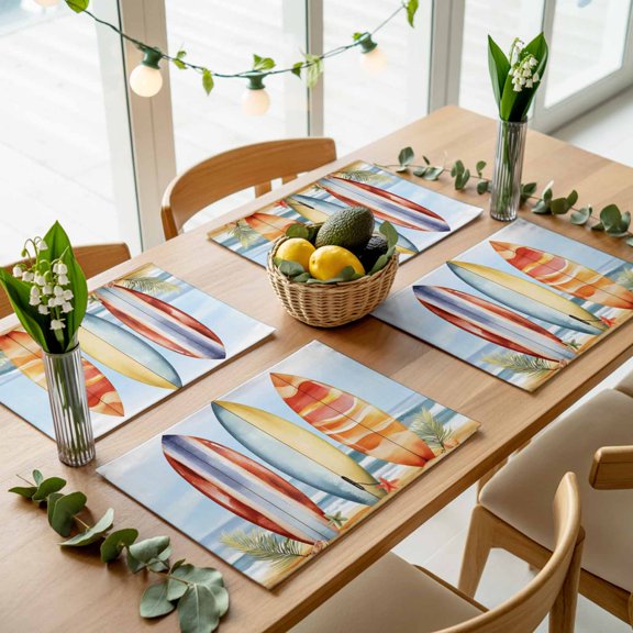 Summer Watercolor Striped Surfboard Placemats Set of 4,Wipeable Washable Table Mats for Dining Tables, Ocean Beach Starfish Shell Place Mats for Kitchen Event Party Tabletop Decor