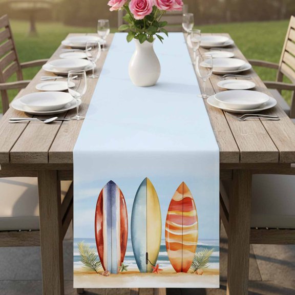 Summer Watercolor Striped Surfboard Table Runner 13x36in Non-Slip Cotton Linen Table Runners, Ocean Beach Starfish Shell Dresser Scarves TableRunner for Dinner Kitchen Dining Wedding Party