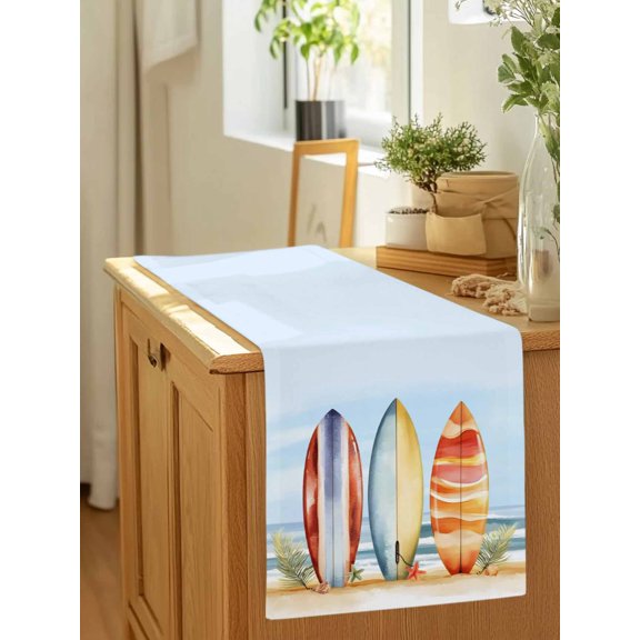 Summer Watercolor Striped Surfboard Table Runner 36 Inches Long,Kitchen Dining Tablerunners Ocean Beach Starfish Shell Linen Table Runners Dresser Scarves for Home Dinner Wedding Holiday Party Decor