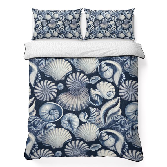 Summer Watercolor Style 3 Piece Quilt Bedding Set with 2 Pillow Shams, Ocean Nautilus Conch Shell Lightweight Bedspread Coverlet, Soft Breathable All Season Quilt, 68 x 98 Inch