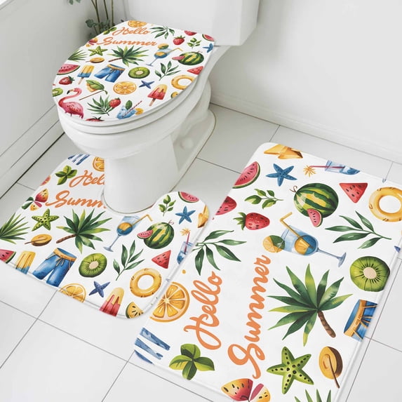 Summer Watercolor Style Bathroom Rugs Set Coconut Tree Watermelon Non Slip Absorbent Soft Bath Mats 3 Piece Set with Bathroom Rug, U-Shaped Floor Mat, Toilet Seat Cover Large Size