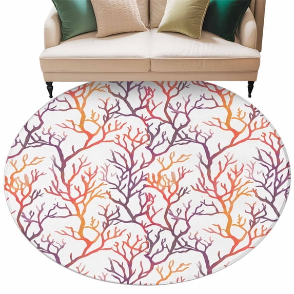 Summer Watercolor Style Round Area&nbsp;Rug 7ft Yellow Ocean Coral Non-Slip&nbsp;Washable Circle Rugs Soft Felt Indoor Floor Mat for Bedroom Kitchen Living Room Bathroom