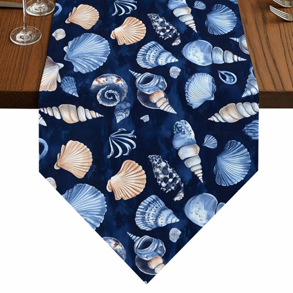 Summer Watercolor Style Table Runner for Dining Room, Blue Ocean Brown Shell Nautilus Cotton Linen Dining Table Runner Tablecloth Dresser Scarves for Kitchen Cafe 13x60 Inches Long