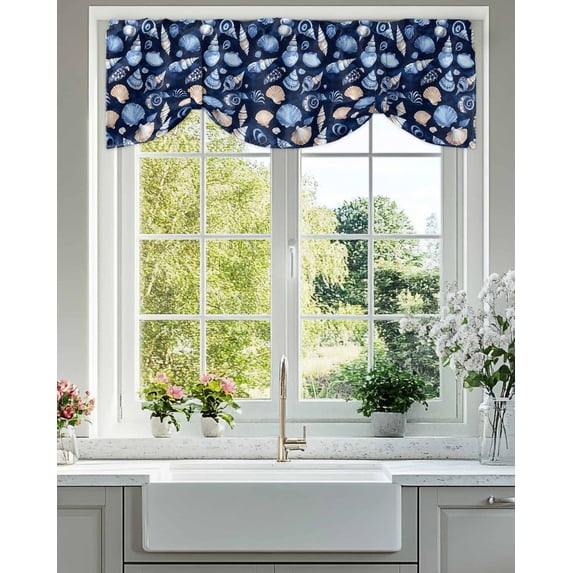 Summer Watercolor Style Tie Up Valances Curtain, Adjustable Kitchen Blue Ocean Brown Shell Nautilus Valances for Windows Decor, Rod Pocket Short Curtains Set for Bedroom/Bathroom, 54"x18"