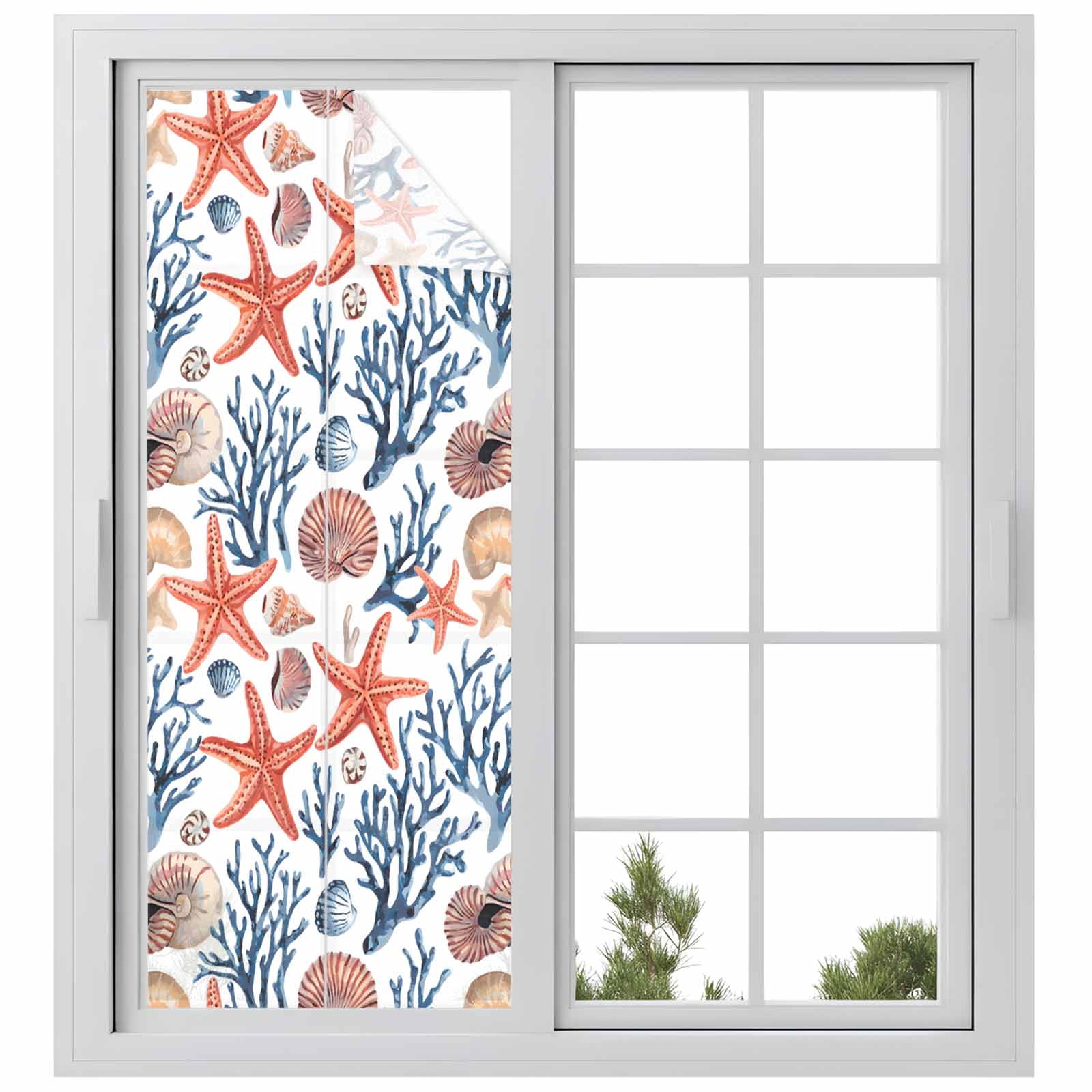Summer Watercolor Style Window Privacy Film, Orange Ocean Starfish Coral Frosted Glass Window Clings Static Cling UV Heat Blocking Reusable Door Sticker for Bathroom 23.6 x 59 Inch