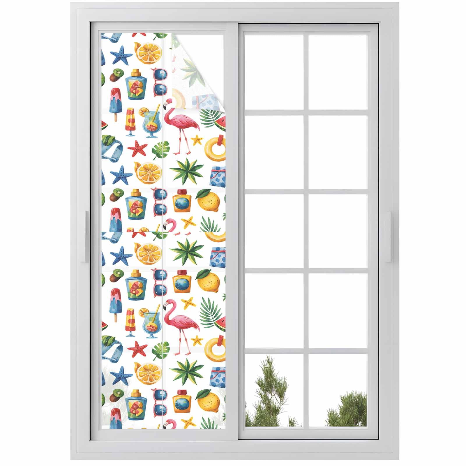 Summer Watercolor Style Window Privacy Film, Watermelon Flamingo Coconut Frosted Glass Window Clings Static Cling UV Heat Blocking Reusable Door Sticker for Bathroom 29.5 x 118 Inch