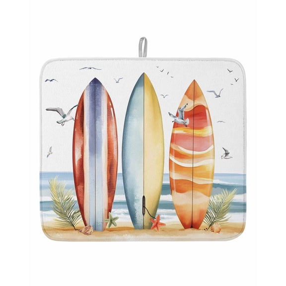Summer Watercolor Surfboard Dish Drying Mats for Kitchen Counter,Absorbent Microfiber Dish Drainer Rack Mat Seagull Beach Ocean Theme Drying Pad for Sinks,Utensils,Countertops,16x18in