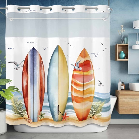 Summer Watercolor Surfboard No Hook Shower Curtain with Snap in Liner Set,Seagull Beach Ocean Theme Waterproof Fabric Shower Curtains with See Through Top Window for Bathroom,72Wx72L