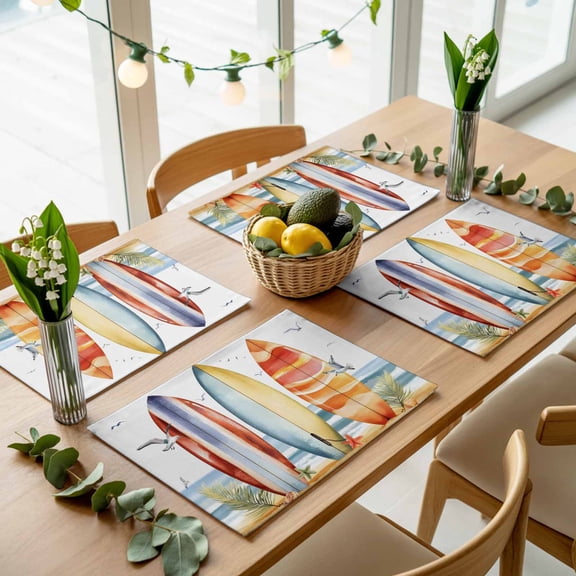 Summer Watercolor Surfboard Placemats Set of 4,Wipeable Washable Table Mats for Dining Tables, Seagull Beach Ocean Theme Place Mats for Kitchen Event Party Tabletop Decor