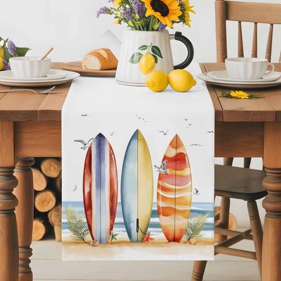 Summer Watercolor Surfboard Table Runner 36 Inches Long, Seagull Beach Ocean Theme Table Runners Tabletop Scarf Kitchen Dining Tables Decoration for Home Party Indoor Outdoor