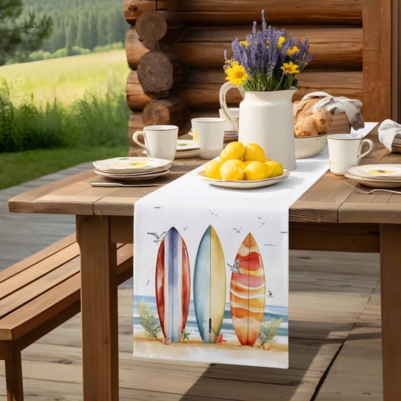 Summer Watercolor Surfboard Table Runner 60 Inch Long Seagull Beach Ocean Theme Table Runners Linen Burlap Tablerunner for Kitchen Dining Room Holiday Party