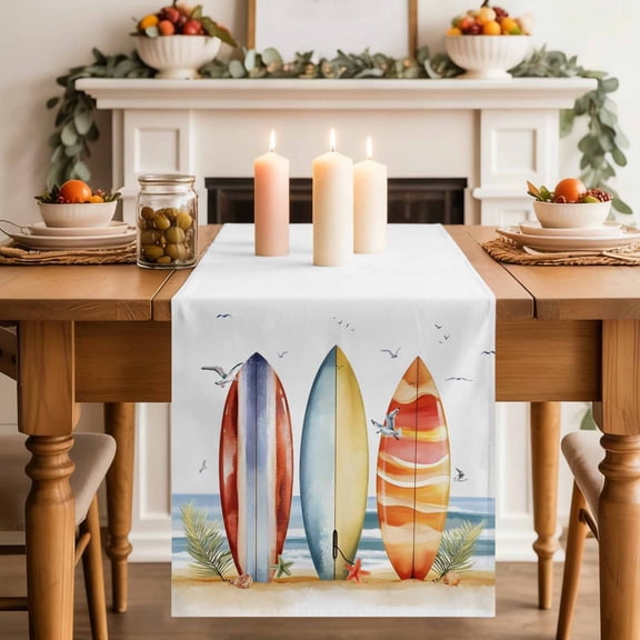 Summer Watercolor Surfboard Table Runner 90 Inches Long,Kitchen Dining Tablerunners Seagull Beach Ocean Theme Linen Table Runners Dresser Scarves for Home Dinner Wedding Holiday Party Decor