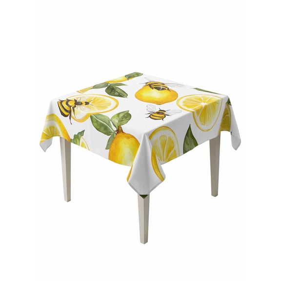 Summer Watercolor Table Cloth 54x54 Inch Square, Yellow Lemon Fruit Leaves Bee Waterproof Tablecloth Washable Table Cover for Party Picnic Dinner Decor