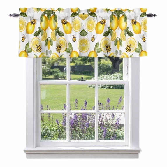 Summer Watercolor Valance Curtain Yellow Lemon Fruit Leaves Bee Window Valances Rod Pocket Short Curtains Window Treatments for Kitchen Bedroom Bathroom Laundry 60" x 18"