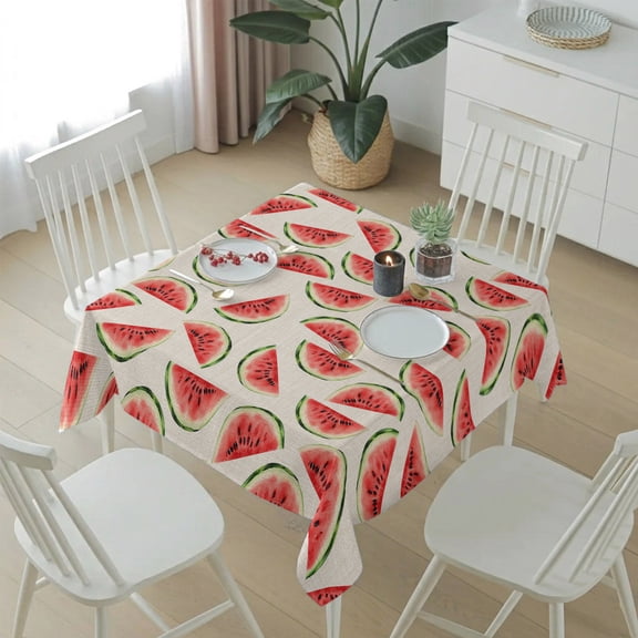 Summer Watercolor Watermelon Table Cloth 54x54in, Waterproof Square Tablecloth Wipeable Tablecloths Retro Fruit on Linen Table Covers for Dining Tables Party Indoor Outdoor