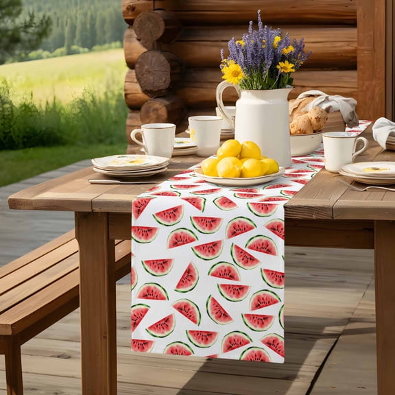 Summer Watercolor Watermelon Table Runner 13x36in Non-Slip Cotton Linen Table Runners, Classic Sweet Fruit Dresser Scarves TableRunner for Dinner Kitchen Dining Wedding Party
