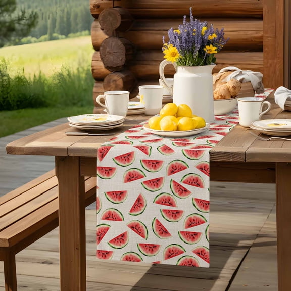 Summer Watercolor Watermelon Table Runner 13x36in Non-Slip Cotton Linen Table Runners, Retro Fruit on Linen Dresser Scarves TableRunner for Dinner Kitchen Dining Wedding Party