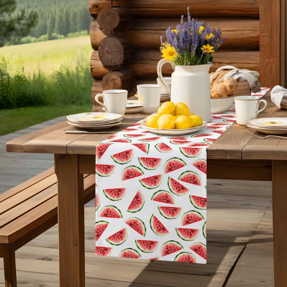 Summer Watercolor Watermelon Table Runner 13x48in Non-Slip Cotton Linen Table Runners, Classic Sweet Fruit Dresser Scarves TableRunner for Dinner Kitchen Dining Wedding Party