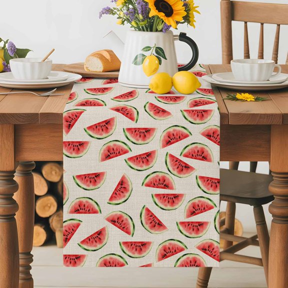 Summer Watercolor Watermelon Table Runner 72 Inches Long, Retro Fruit on Linen Table Runners Tabletop Scarf Kitchen Dining Tables Decoration for Home Party Indoor Outdoor