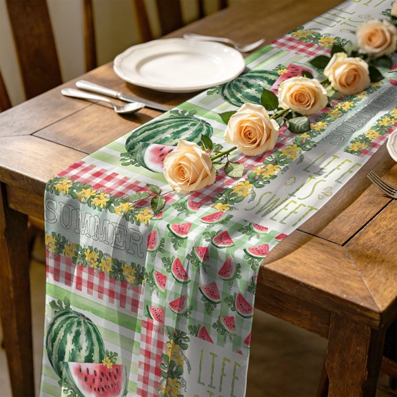 Summer Watermelon 10 ft Cheesecloth Table Runner for Wedding 27"x120", Rustic Flowers Fruit Kitchen Dinner Sheer Tulle Chiffon Dresser Scarf, Holiday Party Decorations