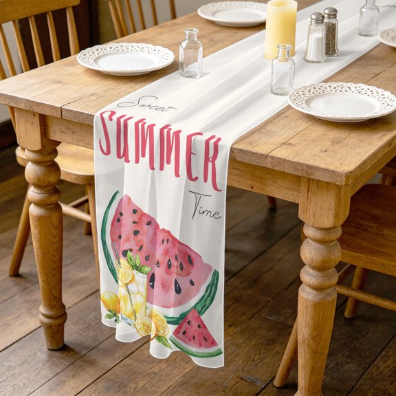 Summer Watermelon 4.5ft Cheesecloth Table Runner for Dining 19"x55", Lemon Juice Kitchen Dinner Sheer Tulle Chiffon Dresser Scarf, Holiday Party Decorations