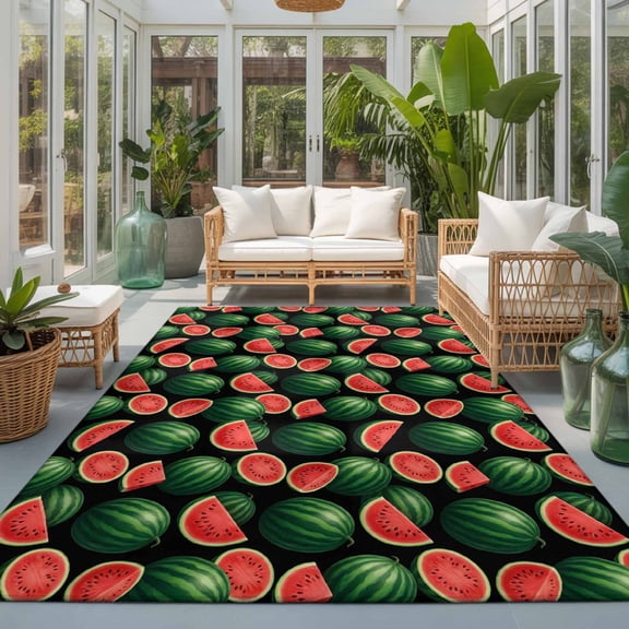 Summer Watermelon 6'x9' Large Area Rugs Tropical Country Farmhouse Green Red Fruit Slices Washable Area Rugs Non-Slip Indoor Floor Mats Large Carpet for Living Room Bedroom Dining Room
