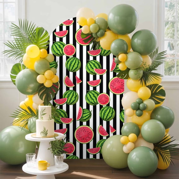 Summer Watermelon Arch Backdrop Cover, 4FT, Black Stripes Spandex Arch Covers Double-Sided Backdrop for Wedding Birthday Party Photo Background Decoration