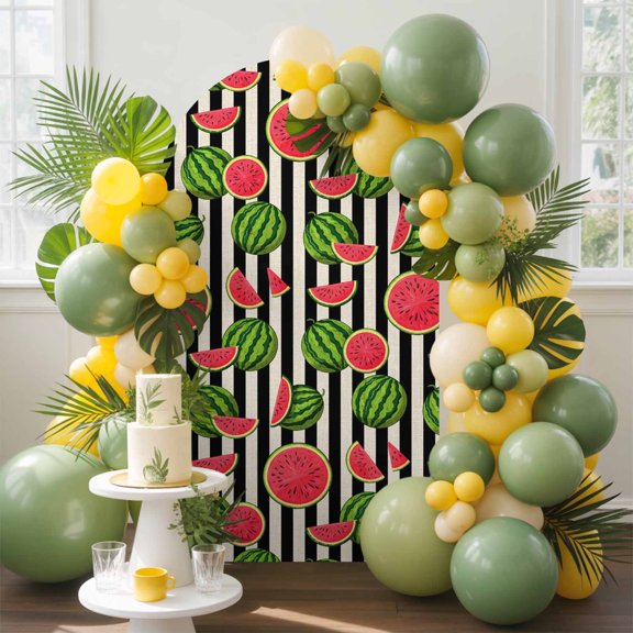 Summer Watermelon Arch Backdrop Cover, 4FT, Black Stripes Spandex Arch Covers Double-Sided Backdrop for Wedding Birthday Party Photo Background Decoration