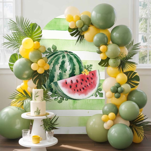 Summer Watermelon Arch Backdrop Cover, 5FT, Green Stripes Watercolor Fruit Spandex Arch Covers Double-Sided Backdrop for Wedding Birthday Party Photo Background Decoration