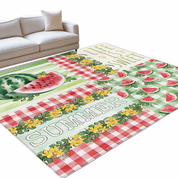 Summer Watermelon Area Rugs 6x9ft Rustic Flowers Fruit Floor Rug&nbsp;Non Slip Low Pile Ultra Soft Throw Carpet for Entryway Indoor Entrance Kitchen Bathroom