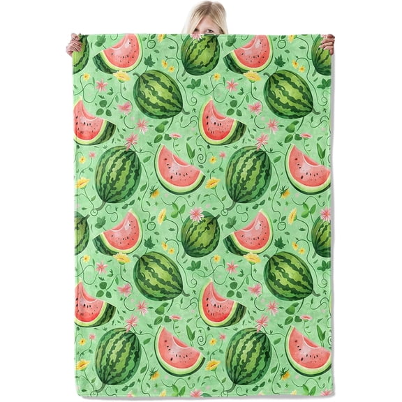 Summer Watermelon Blanket 50x60 Inch,Whimsical Cartoon Fruit and Floral Lightweight Flannel Throw with Light Green Background,Beach Cute Home Picnic Decor,Gifts for Girls,Women