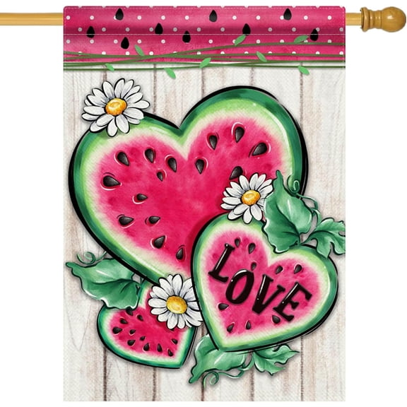 Summer Watermelon Decorative House Flag, Pink Love Heart Daisy Flower Farmhouse Garden Yard Outside Decorations, Seasonal Rustic Burlap Outdoor Large Home Decor Double Sided 28 x 40