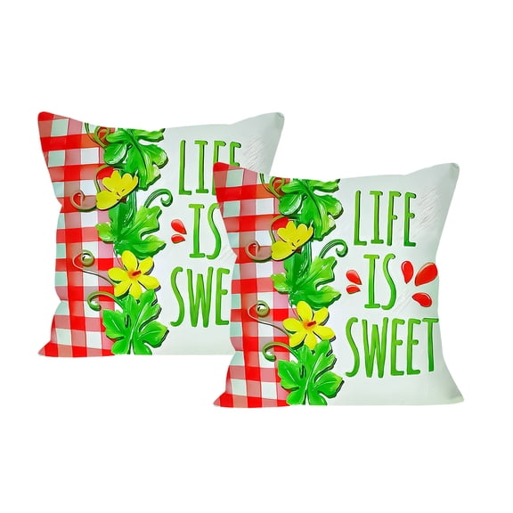 Summer Watermelon Decorative Throw Pillow Covers 18x18 Inch Set of 2, Red Green Plaid & Striped Pattern Cushion Cases, Farmhouse Seasonal Porch Outdoor Couch Home Decor