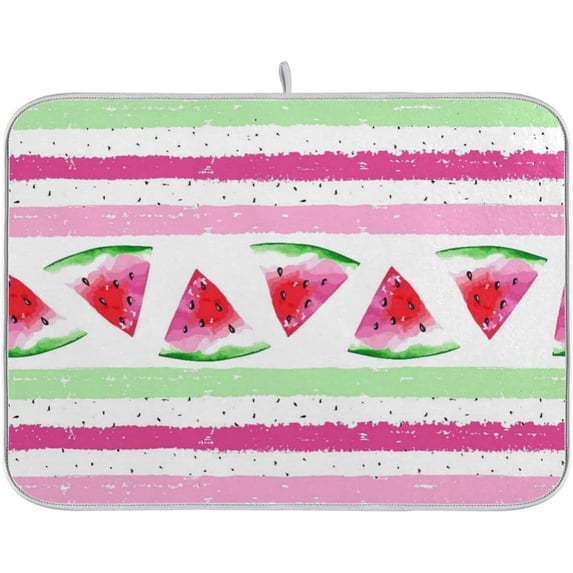 Summer Watermelon Dish Drying Mat for Kitchen 18"x24" in Watercolor Fruit with Pink Green Stripes Dish Drying Pad Dish Drainer Mats Fast Drying Dish Rack Counter Mats