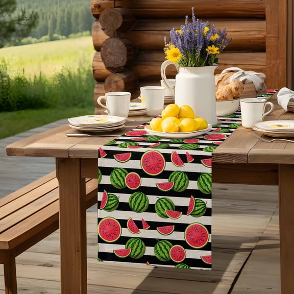 Summer Watermelon Farm Fruits Table Runner 13x48in Non-Slip Cotton Linen Table Runners, Black Stripe on Beige Dresser Scarves TableRunner for Dinner Kitchen Dining Wedding Party