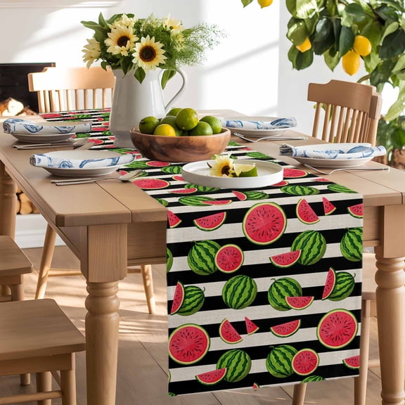 Summer Watermelon Farm Fruits Table Runner-90 Inch Long Black Stripe on Beige Table Runners Linen Burlap Tablerunner for Kitchen Dining Room Holiday Party