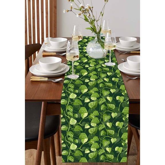 Summer Watermelon Flowers Table Runner 13x72in Non-Slip Cotton Linen Table Runners, Watercolor Green Leaves Dresser Scarves TableRunner for Dinner Kitchen Dining Wedding Party