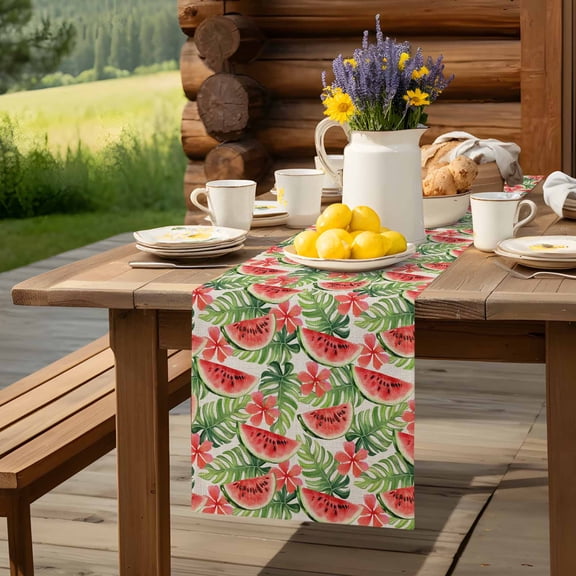 Summer Watermelon Green Leaves on Linen Table Runner 13x48in Non-Slip Cotton Linen Table Runners, Watercolor Fruit Dresser Scarves TableRunner for Dinner Kitchen Dining Wedding Party