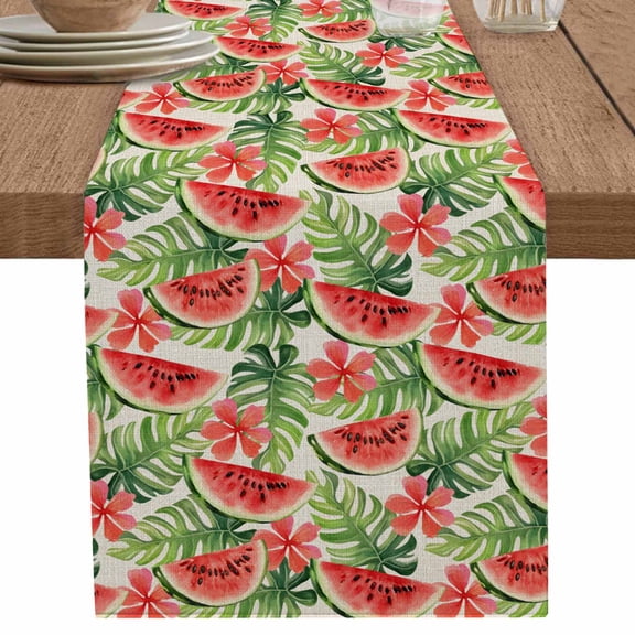 Summer Watermelon Green Leaves on Linen Table Runner-36 Inch Long Watercolor Fruit Table Runners Linen Burlap Tablerunner for Kitchen Dining Room Holiday Party