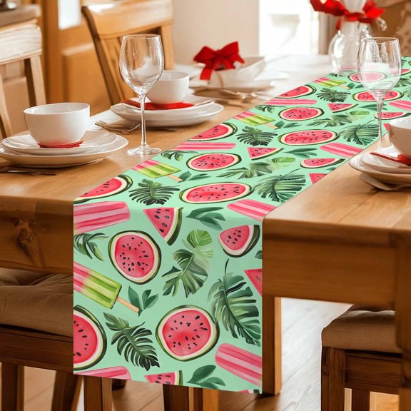Summer Watermelon Green Monstera Leaf Table Runner 36 Inches Long,Kitchen Dining Tablerunners Tropical Plant Watercolor Linen Table Runners Dresser Scarves for Home Dinner Wedding Holiday Party Decor