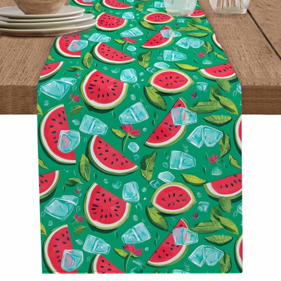 Summer Watermelon Ice Cubes on Green Table Runner-36 Inch Long Watercolor Leaves Table Runners Linen Burlap Tablerunner for Kitchen Dining Room Holiday Party