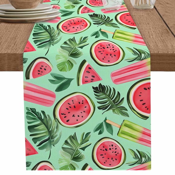 Summer Watermelon Ice on Green Table Runner-36 Inch Long Watercolor Botanical Table Runners Linen Burlap Tablerunner for Kitchen Dining Room Holiday Party