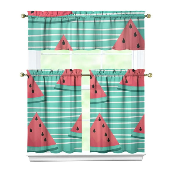 Summer Watermelon Kitchen Curtains Set, Tropical Fruit Pattern with Fresh Sunshine, Cute Watermelon Lovers Design for Kitchen or Dining Room Window Drapes