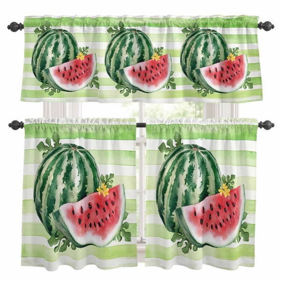 Summer Watermelon Kitchen Curtains Set for Windows, Green Stripes Curtains Valance and Tier 3 Piece Set Small Drapes 36 Inch Length for Kitchen Bedroom Decor
