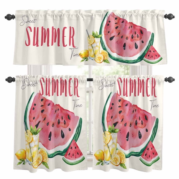 Summer Watermelon Kitchen Curtains Set for Windows, Lemon Juice Curtains Valance and Tier 3 Piece Set Small Drapes 36 Inch Length for Kitchen Bedroom Decor